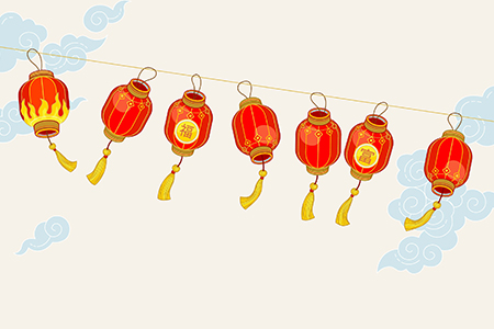 Vector red garlands of Chinese paper lanterns, clouds. Ornament for the Chinese celebration Lunar Ne