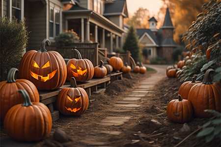 Halloween pumpkins in a row front of houses