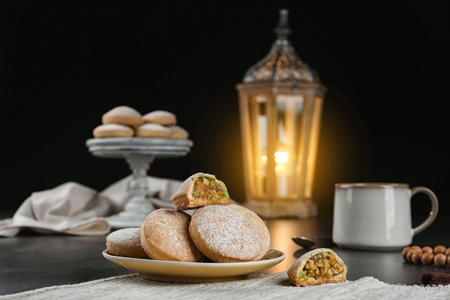 Traditional cookies for Islamic holidays on table. Eid Mubarak