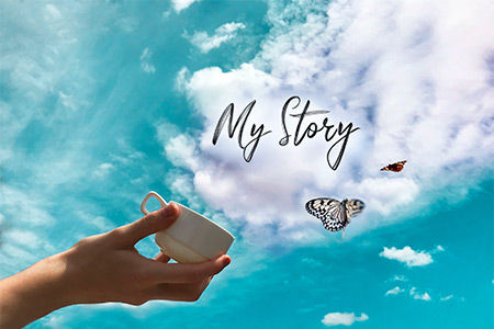 Concept: coffee mug and sky with a butterfly