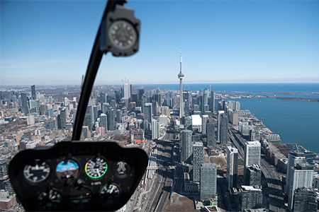 Aerial view of Toronto city skyline from helicopter