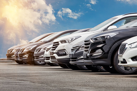 cars lined up at dealership