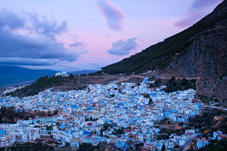 Panorama of Chefchaouen Blue Medina at sunset in Morocco, Africa