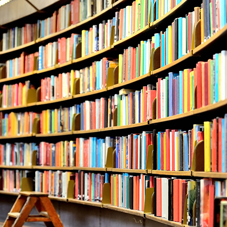 Round bookshelf in public library.