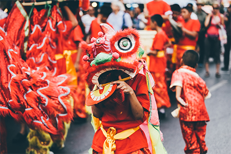 Traditional lion dance during Chinese New Year celebration