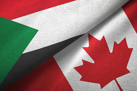 Sudan and Canada two flags textile cloth, fabric texture