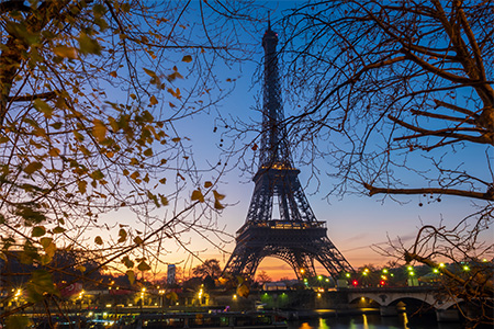 The Eifel tower surrounded by the river greenery and a bridge under a cloudy sky in Paris in the eve