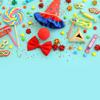 Flat lay composition with carnival accessories on color background.