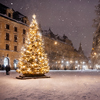 Christmas tree with new year holiday decoration in a city at night