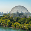 Montreal, CANADA - 19 September 2019: Biosphere & Saint-Lawrence River from Jacques-Cartier Bridge.