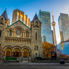 Panoramic view of St Andrew's Presbyterian Church and CN Tower - Toronto