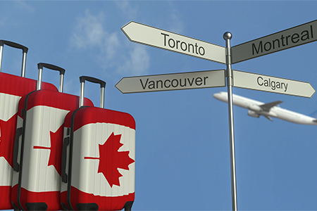 Travel baggage featuring flag of Canada, airplane and city sign post. Canadian tourism conceptual 3D