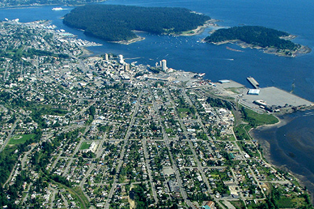 Aerial image of downtown Nanaimo BC with Newscastle Island and Protection Island
