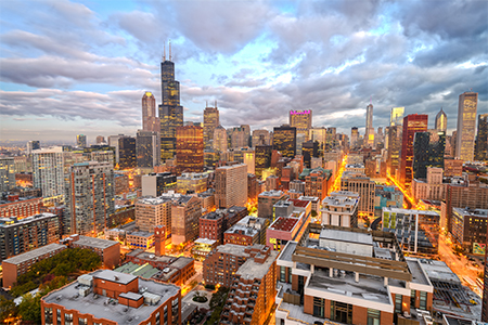 aerial skyline view of Chicago in evening