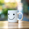 Happy cup on wood table with bokeh
