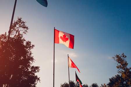 A row of flying flags of nations on sunset sky background. Flags of different countries. Union of na