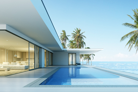 Perspective of modern house with swimming pool on sea background, Exterior. 3d rendering