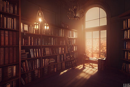 Big library interior, sheves with books, learning and back to school concept