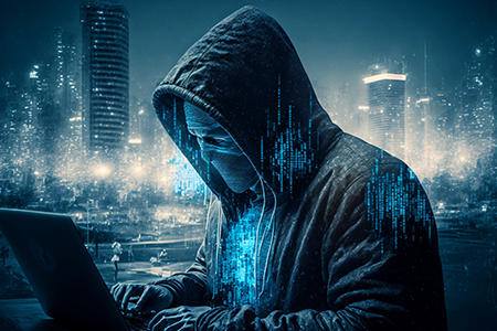 Computer Hacker Cyber Crime Illustration, Hacker using Laptop, City Background, Binary Code, Hacking