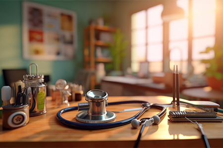 Stethoscope and stethoscope on a wooden table in the hospital