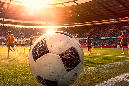 Soccer ball on the field of stadium at sunset