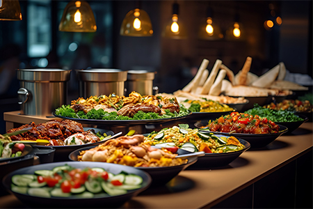 steaming hot dishes displayed on counter