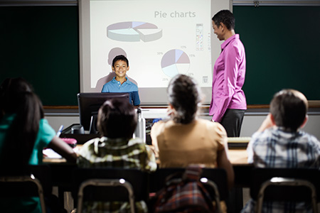 A boy standing at a podium in front of a screen showing pie charts to the class