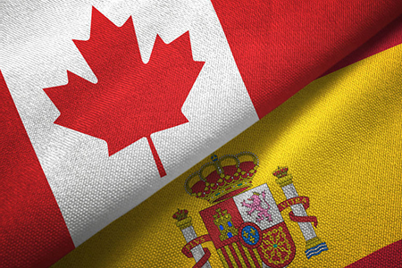 Canada and Spain flags together relations textile cloth, fabric texture