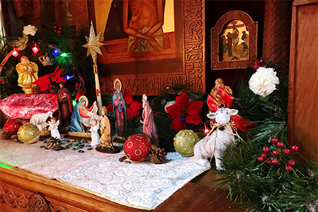 Ceramic figurines of Joseph Mary and Jesus Christmas creche