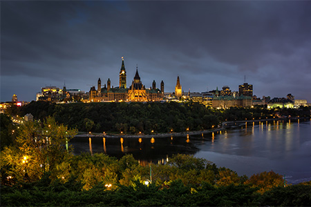 Panoramic view of Downtown Ottawa and the Parliament of Canada. Taken from Nepean Point