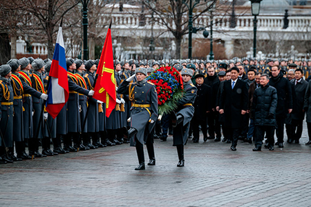 MOSCOW, RUSSIA - DECEMBER 04, 2019: Prime Minister of Mongolia Ukhnaagiin Khurelsukh with Soldiers o