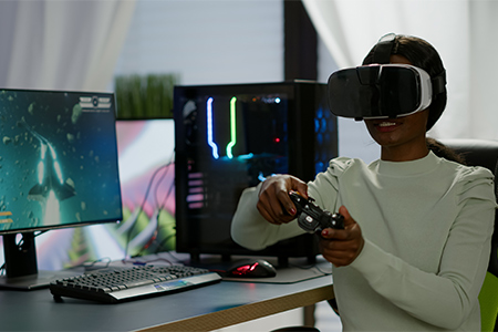 a girl player holding joystick playing videogame using VR