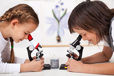 Young kids in science lab study samples under the microscope - biology class