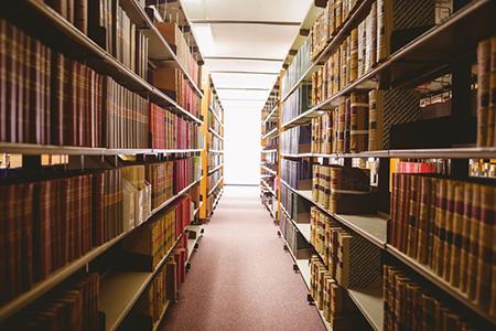 between library shelves