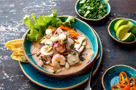PERUVIAN CEVICHE SEBICHE. Peruvian seafood and fish ceviche with maize