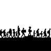 Silhouette of refugees people walking