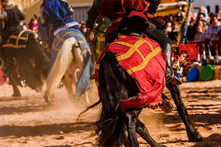 Detail of the legs of galloping horses adorned as medieval mounts mounted by knights during a festiv