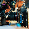 close up image of professional Camera on Film Set, Behind the scenes background, film crew productio