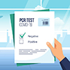 illustrated image hand holding negative PCR test at airport, luggage in background. Window with plan