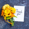 Notes thank you with bouquet of yellow flowers calendula on blue background