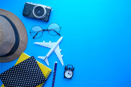 Travel accessories set on white background