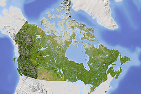 Canada map, surrounding territory greyed out, Data source: NASA