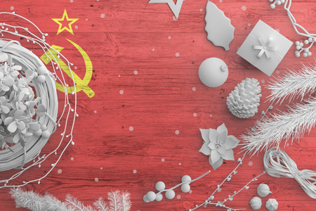 Soviet Union flag on wooden table with snow objects. Christmas and new year background, celebration 