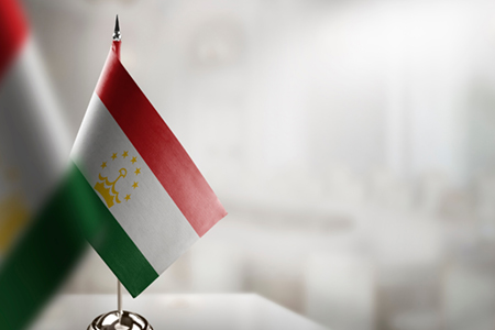 Small flags of the Tajikistan on an abstract blurry background.