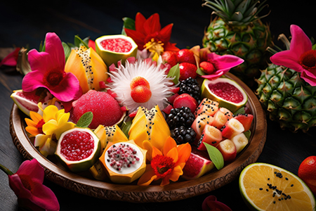 a bowl of fruit and flowers