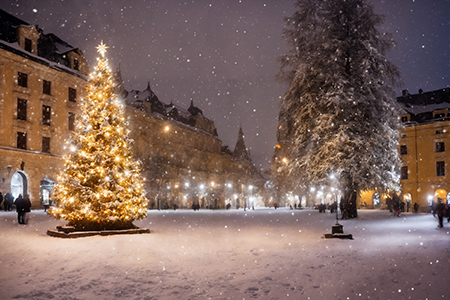 Christmas tree with new year holiday decoration in a city at night