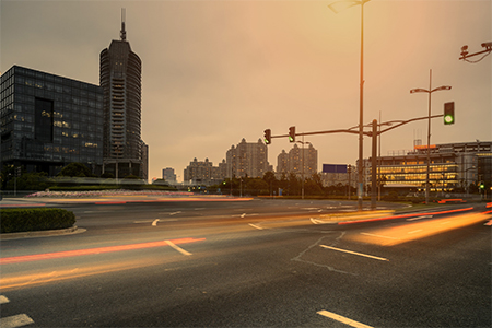 evening scene of a city intersection