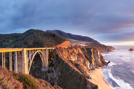 Bixby Creek Bridge on Highway 1 at the US West Coast traveling south to Los Angeles, Big Sur Area, C