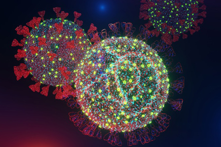 Mutated Omicron SARS-CoV-2 virus, foreground, and SARS-CoV-2 delta strain, background. Electron micr