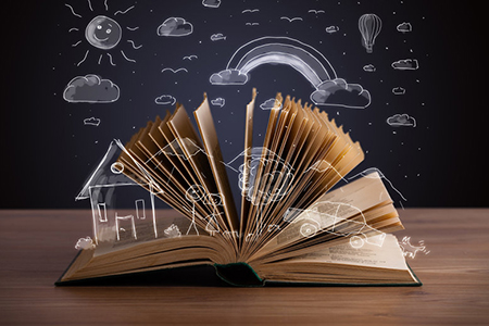 Open book with hand drawn landscape on wooden deck